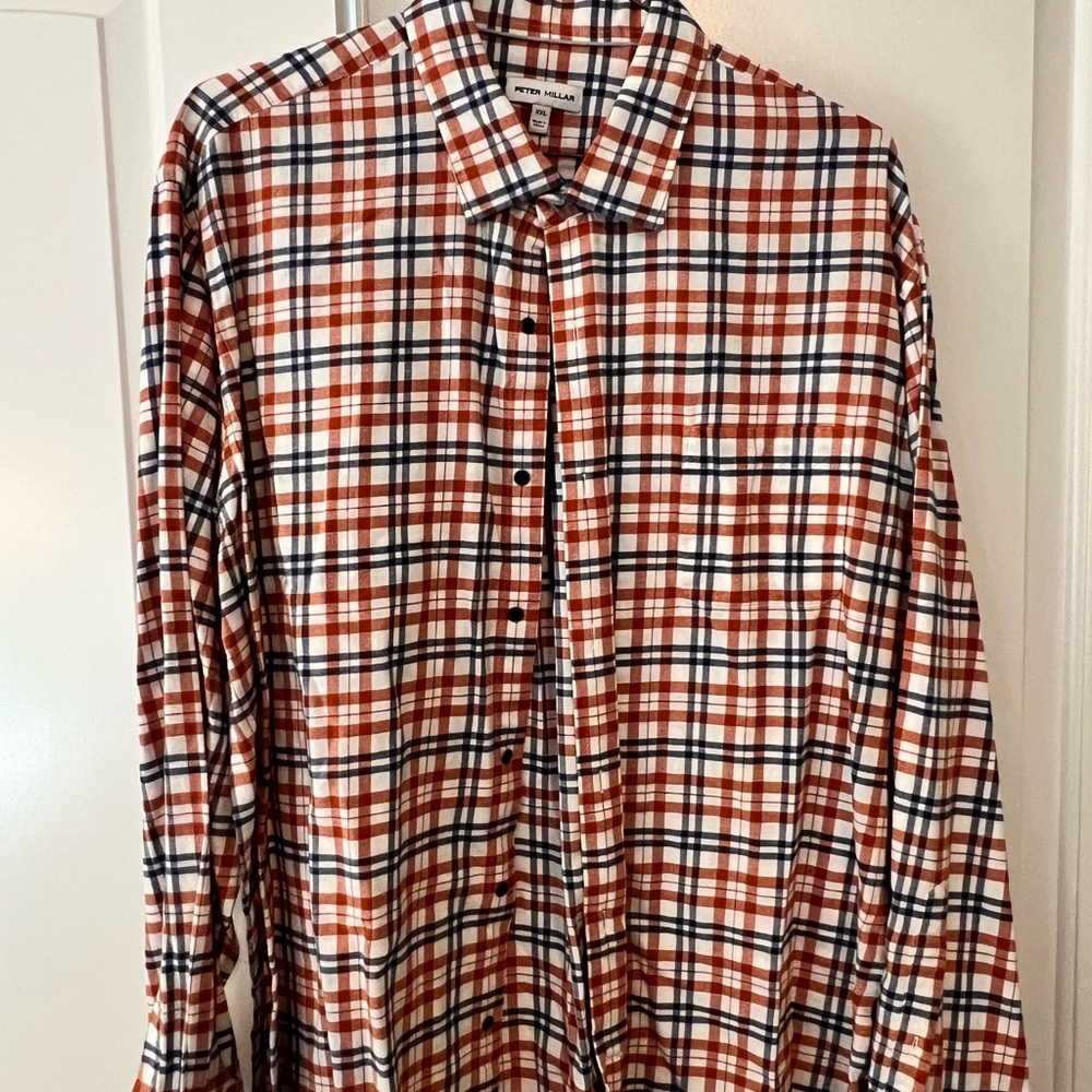 Peter Millar Men's Orange and Black Plaid Shirt